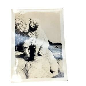 Vtg Boy Short Faced Bear Statue B&W Monochrome Photo 1940s Found Snapshot